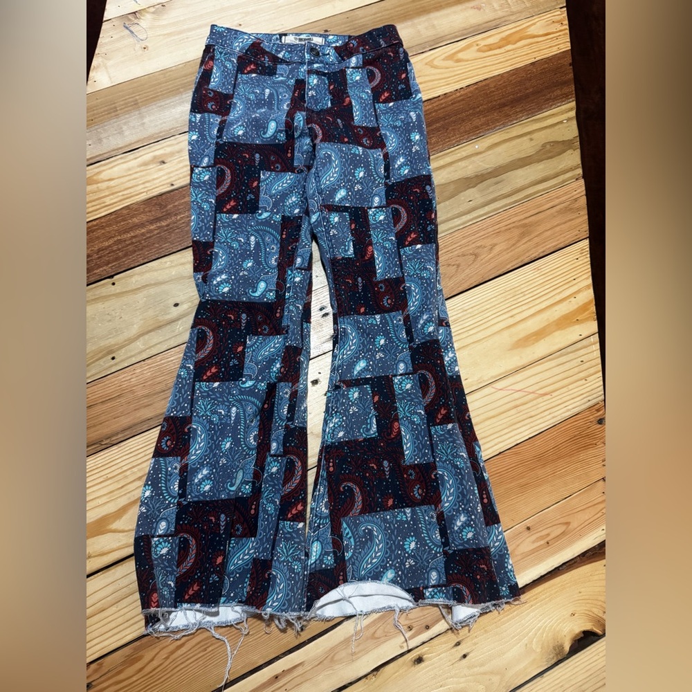 Patchwork Paisley Flare Pants in Blue and Black